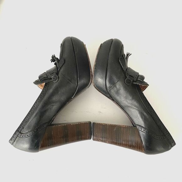 Frye Black Leather High Chunky Heeled Loafers Embossed Logo
sz 8 Academia Preppy - Picture 7 of 12